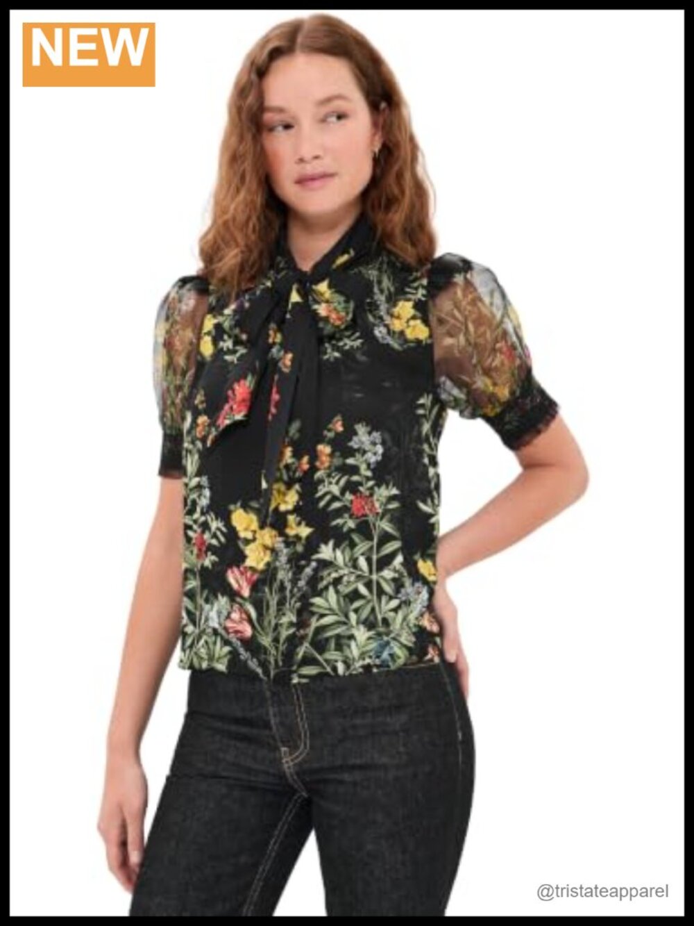 Silk Trim Floral Blouse Organza Sleeves Tie Neck